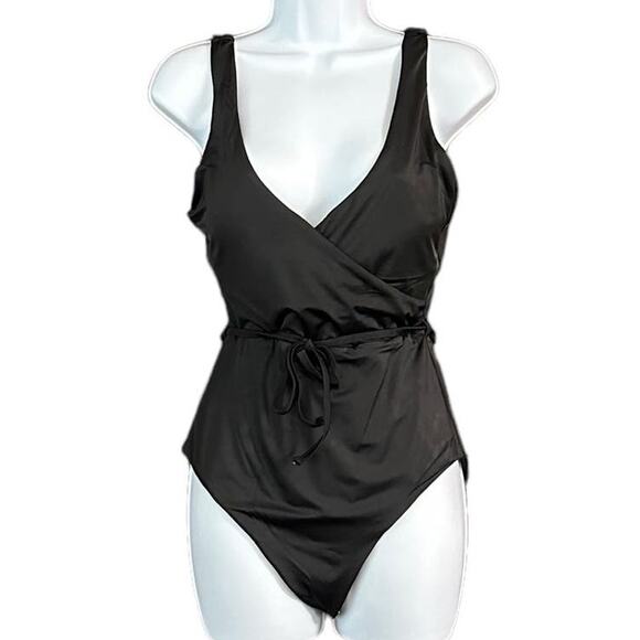 NWOT Andie The Belmar One Piece Swimsuit Crossover Tie Waist V Neck Black Size M - Picture 2 of 9